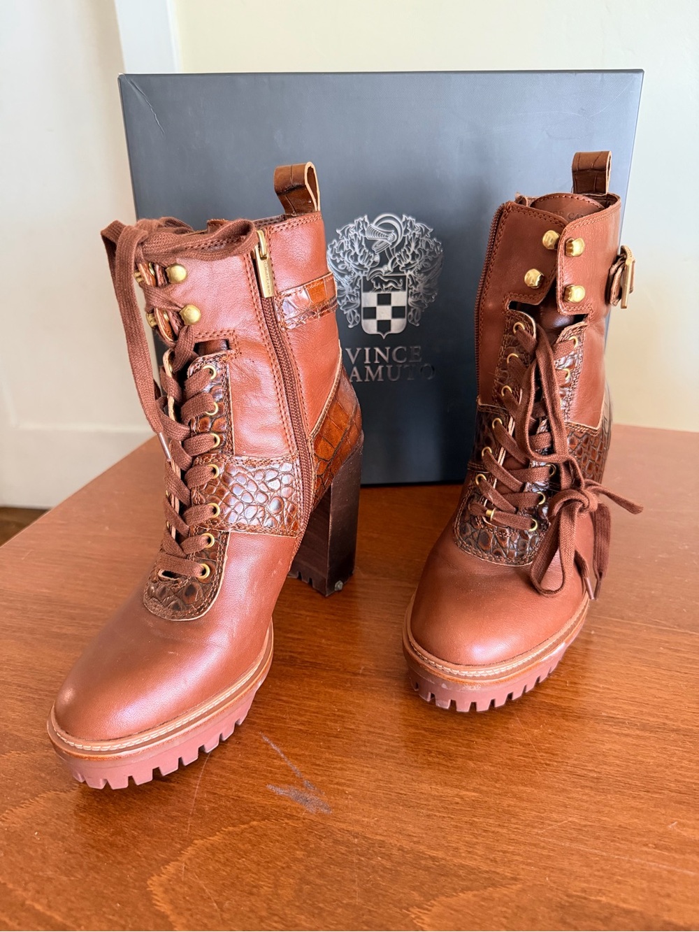 Vince Camuto Cognac Leather Lace-Up Croc-Trim Heel Boots
